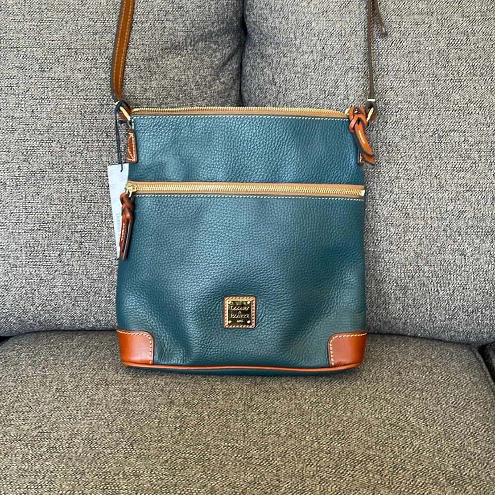 Dooney & Bourke Teal Pebble Leather Crossbody with Tan Trim